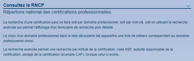 Ci-dessus : une capture d'écran du site du RNCP expliquant comment y rechercher une certification professionnelle