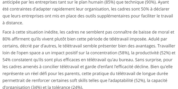 Extrait de l'étude Cadremploi concernant l'impact du télétravail sur la performance des cadres pendant le confinement. 
