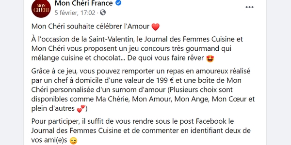 Le jeu concours de la Saint-Valentin 2021 organisé par le Journal des Femmes Cuisine et Mon Chéri. 