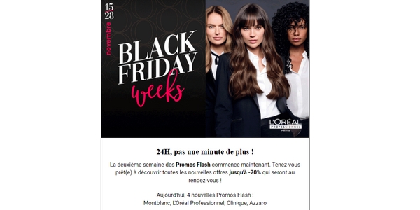 En 2021, l'Oréal propose 2 Black Friday Weeks avec de nombreuses ventes flash ne durant pas plus de 24 heures. 