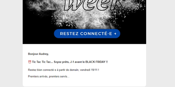 Exemple de campagne d'email marketing annonçant le lancement du Black Friday 2021. 