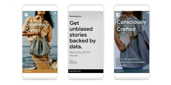 Nouvelles mises en page axées sur les mobiles pour les annonces display responsives présentées au Google Marketing Live 2022. 