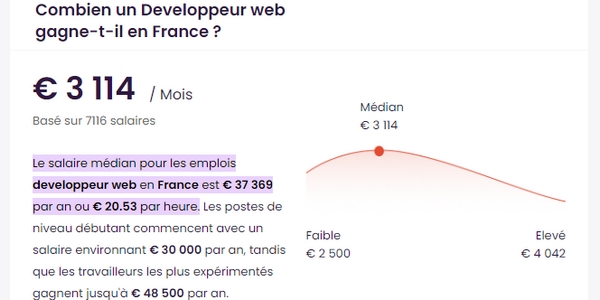 métier développeur web : le salaire médian calculé sur la base de 7116 salaires français est de 3 114 € par mois. 