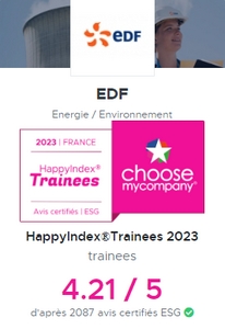 stage en formation continue : EDF est bien placée dans le classement HappyIndex®Trainees" de ChooseMyCompany