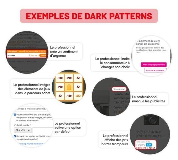 Plusieurs exemples de dark patterns donnés par l'UFC Que-Choisir