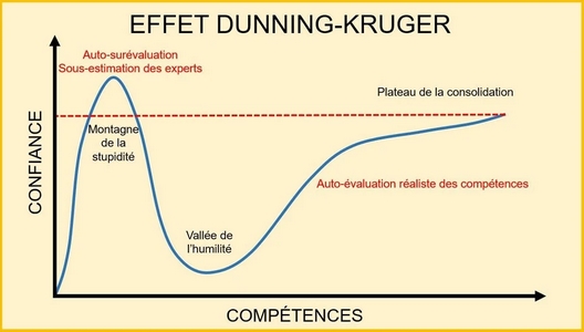 L'effet Dunning-Kruger résumé en un schéma avec la montagne de la stupidité, la vallée de l'humilité et le plateau de la consolidation. 