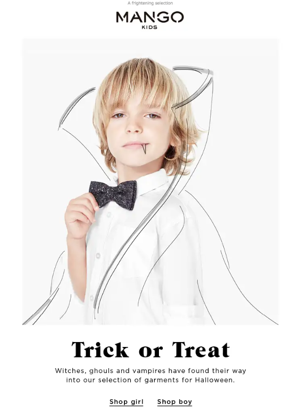 stratégie de contenu marketing d'Halloween : la campagne emailing de Mango Kids allie classe et vampirisme