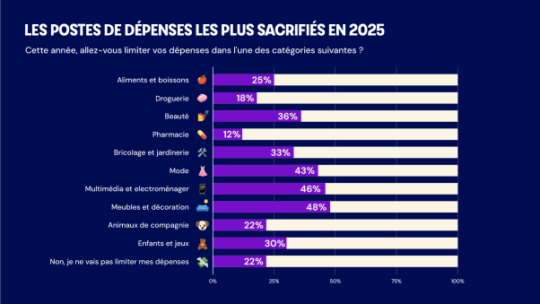 comportement d'achat des Français : les postes d'ameublement (48 %), d'électronique (46 %) et d'habillement (43 %) sont les plus sacrifiés.