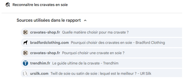 dans cet exemple, le site cravate-shop est cité deux fois dans les sources de Gemini