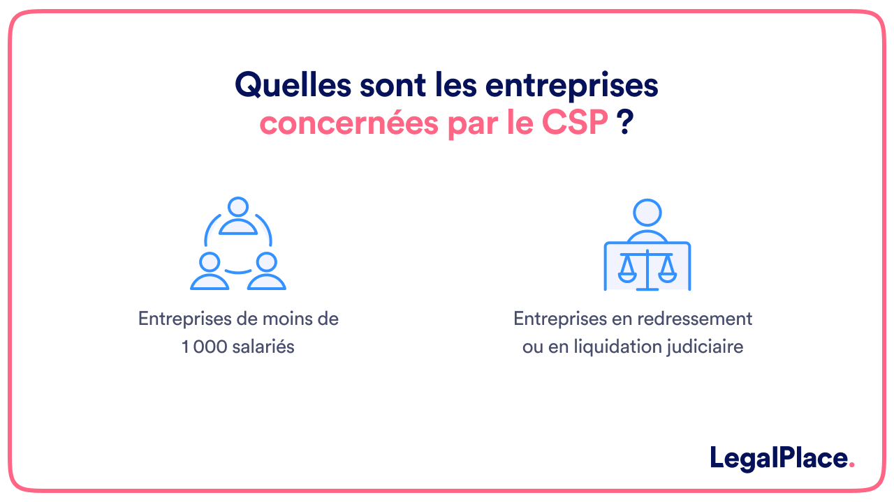 Le CSP concerne les entreprises de moins de 1000 salariés (licenciement économique) et les entreprises en redressement ou en liquidation judiciaire