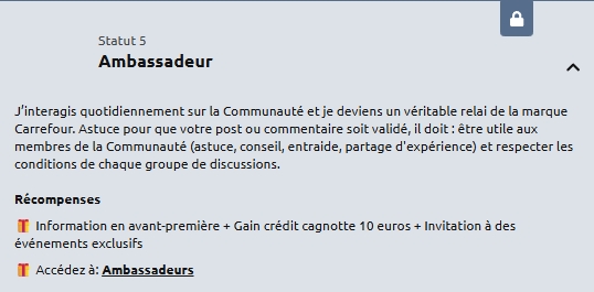 Au 5ème palier de la communauté de marque Carrefour, les membres obtiennent le statut d'ambassadeurs de la marque.