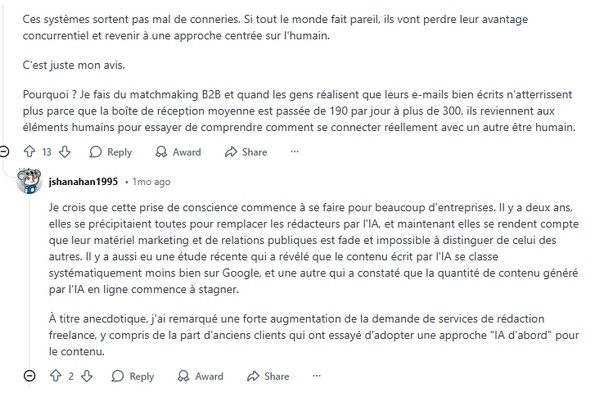 IA et Copywriting : cette discussion indique que d'anciens clients se tournent à nouveau vers les professionnels après des essais décevants avec l'IA