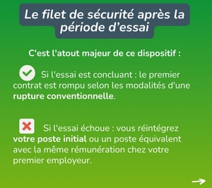 Le CDD de reconversion fait office de filet de sécurité, en vous permettant de réintégrer votre poste d'origine après la période d'essai si besoin. 