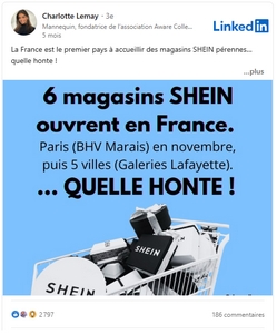 Sur LinkedIn, de nombreux professionnels ont attaqué avec véhémence l'arrivée des magasins Shein en France.