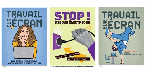 Travail sur écran, risques électriques... Les affiches de prévention de l'INRS couvrent de nombreux sujets.